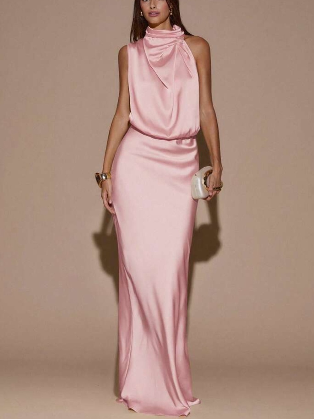 Elegant Satin Halter Evening Dress in Pink